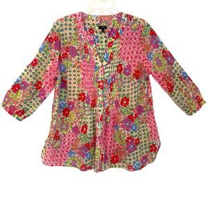 Talbots Floral Button Front Blouse Women's Size 1X Colorful Pleated Cotton Retro